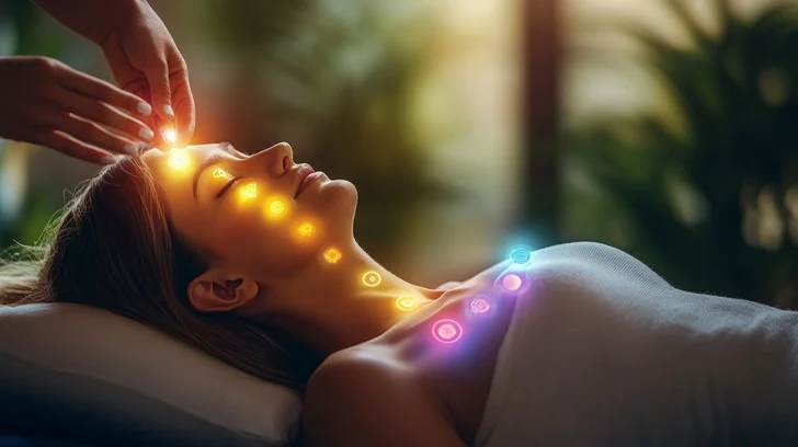 A person lying down receives energy healing; glowing chakra symbols are superimposed over their body, suggesting alignment or balance of chakras.
