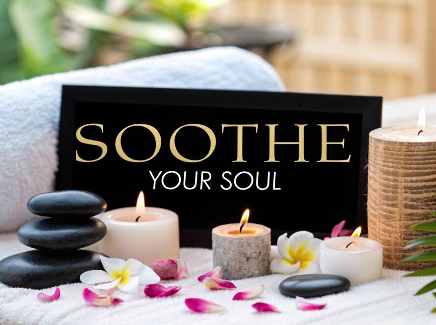 A collection of massage stones, lit candles, and plumeria flowers next to a black frame reading "Soothe Your Soul."
