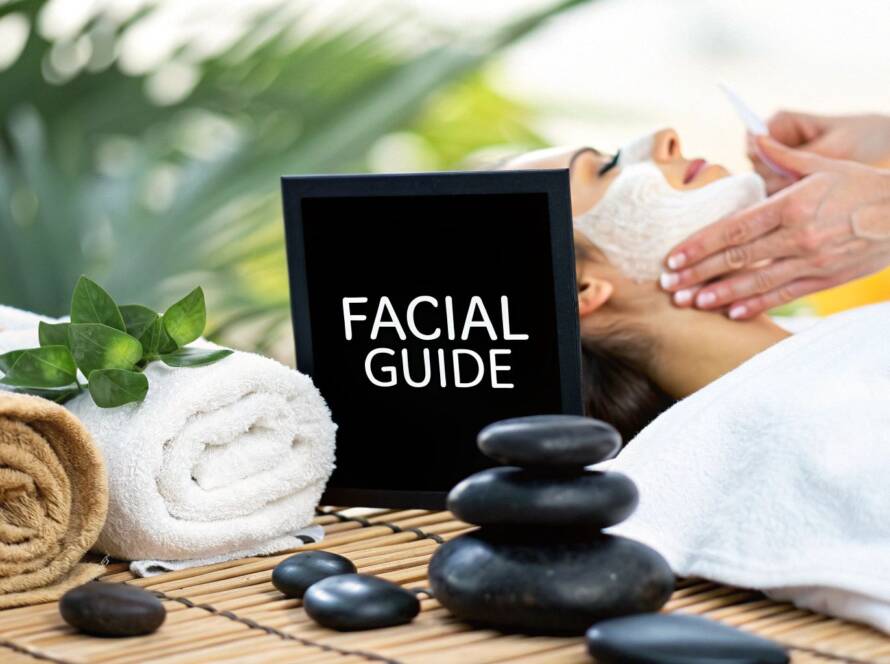 A woman receives a facial treatment with white cream while lying near massage stones and a "Facial Guide" sign.