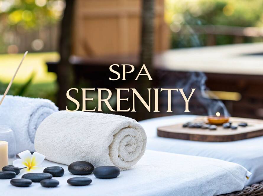 A spa setup on a white surface with rolled towels, massage stones, a flower, and the text "Spa Serenity."