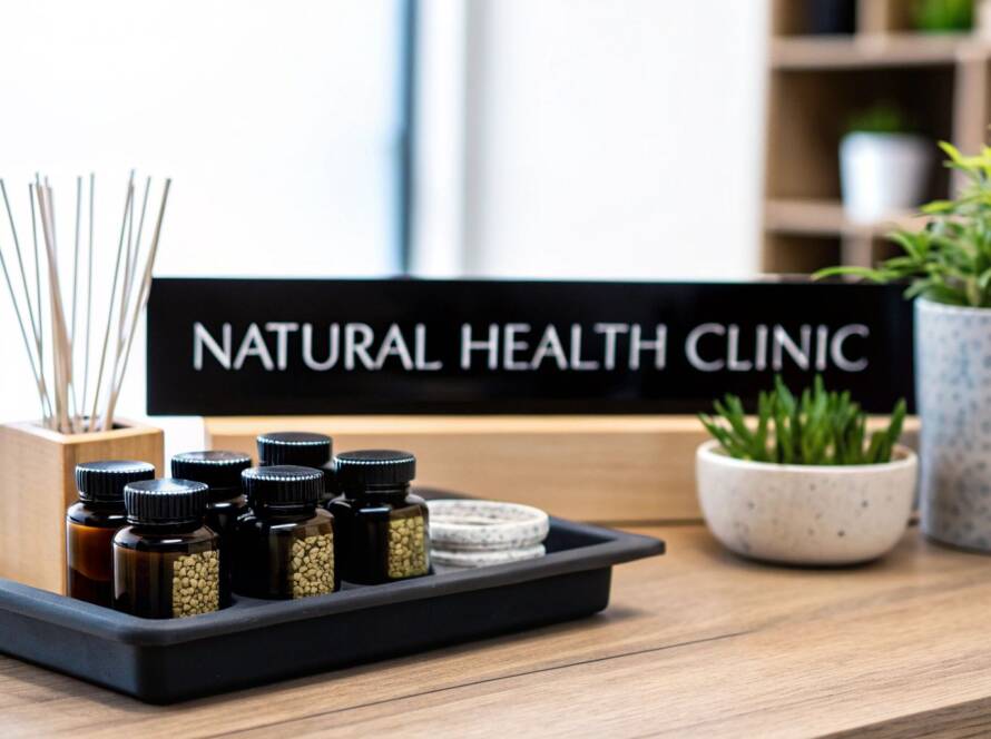 A wooden counter holds small brown apothecary bottles and incense sticks in front of a "Natural Health Clinic" sign.