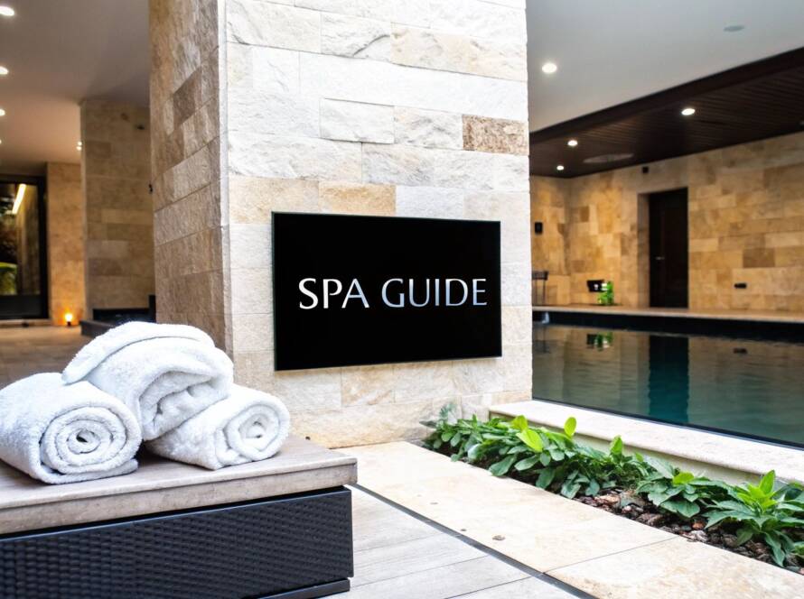 A spa setup on a white surface with rolled towels, massage stones, a flower, and the text "Spa Serenity."
