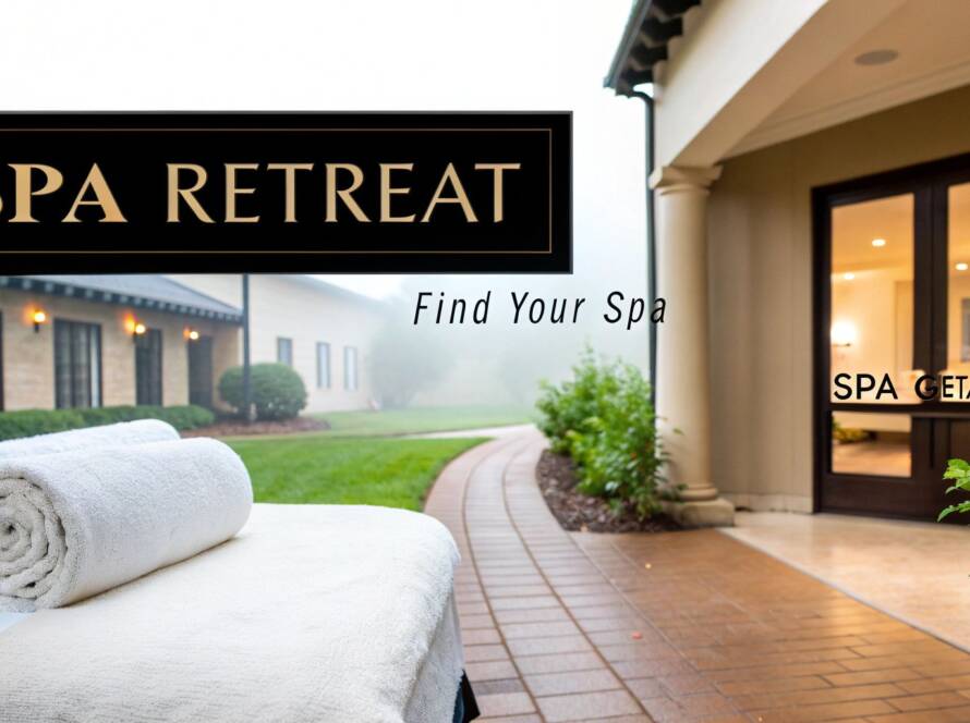 Rolled white towels on a massage table leading toward a building entrance with "Spa Retreat" and "Spa Getaway" text.