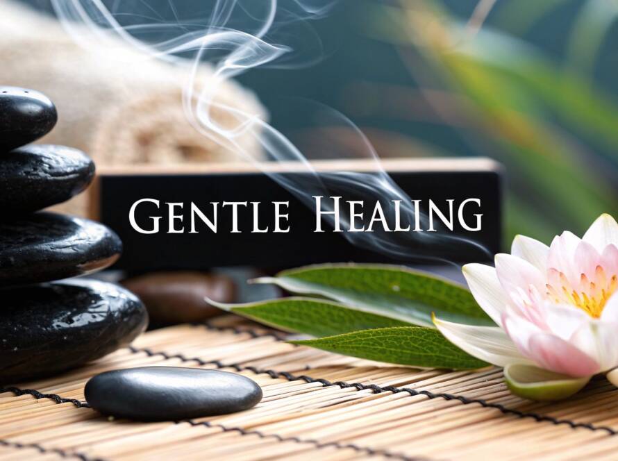 A pink lotus flower on a bamboo mat next to stacked massage stones, incense smoke, and a "Gentle Healing" sign.