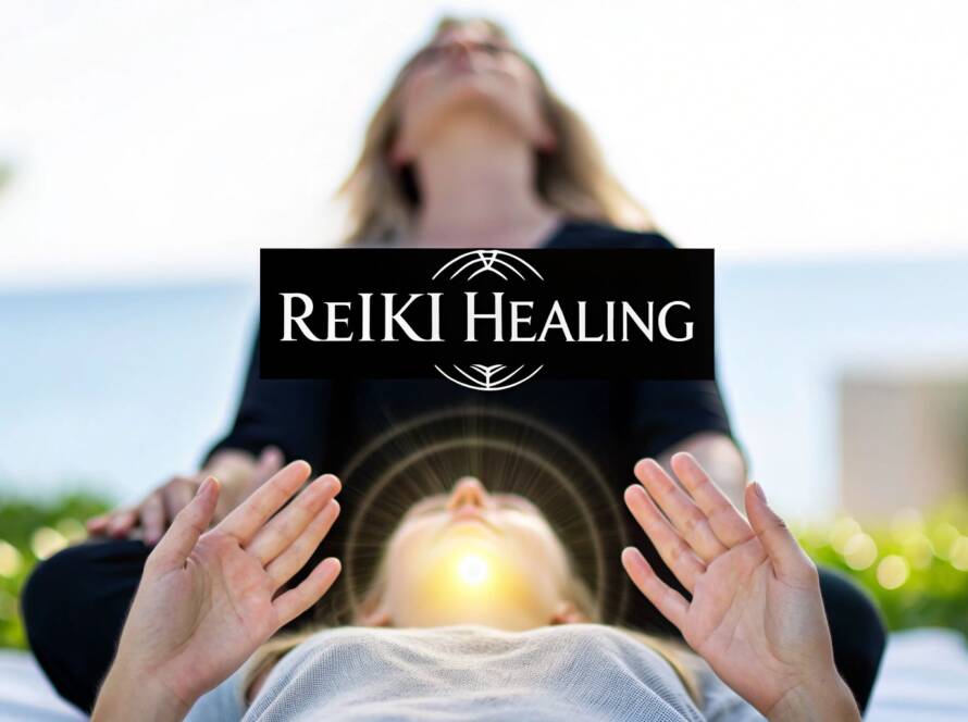 A woman lies with eyes closed while a practitioner holds hands over her with a glowing light effect and "Reiki Healing" text.