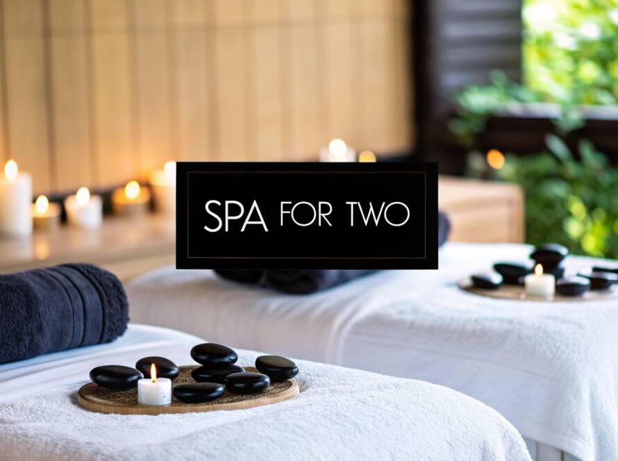 Two side-by-side massage tables prepared with white linens, dark rolled towels, and black massage stones with a "Spa For Two" sign.
