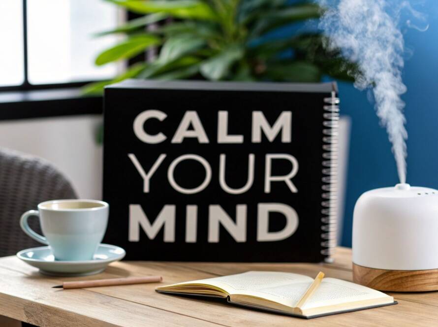 A massage table with white linens, rolled towels, and black stones in a warm treatment room with a "Find Your Calm" sign.