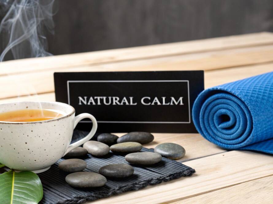 A close-up of a spa arrangement featuring glowing white candles, polished black massage stones, rolled towels, and a card reading "Spa Sanctuary."