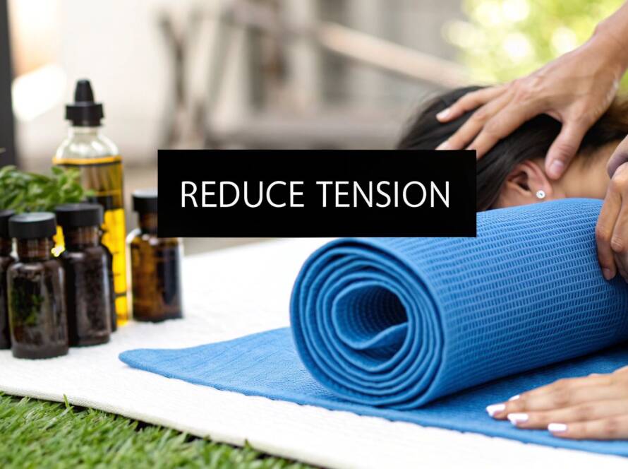 A therapist performs a massage outdoors on a sunny day with a graphic overlay of the human lymphatic system and the text "Lymphatic Massage."