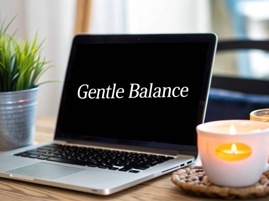 A laptop on a wooden desk displays the text "Stress Strategies" next to a stack of massage stones, a notebook, and essential oils.