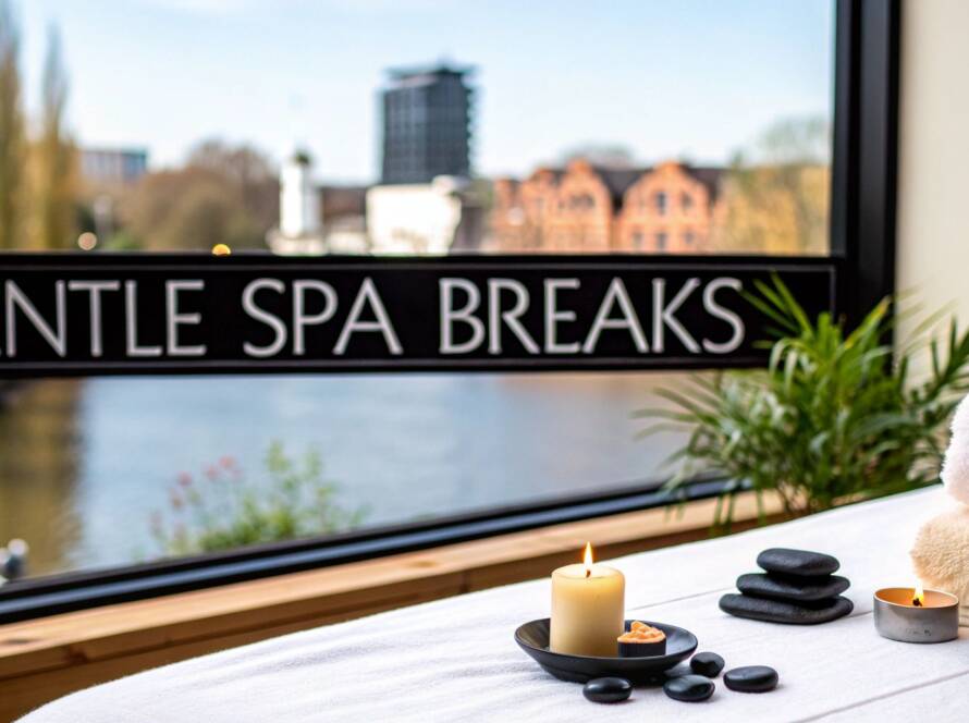A massage table with white linens, rolled towels, and black stones in a warm treatment room with a "Find Your Calm" sign.