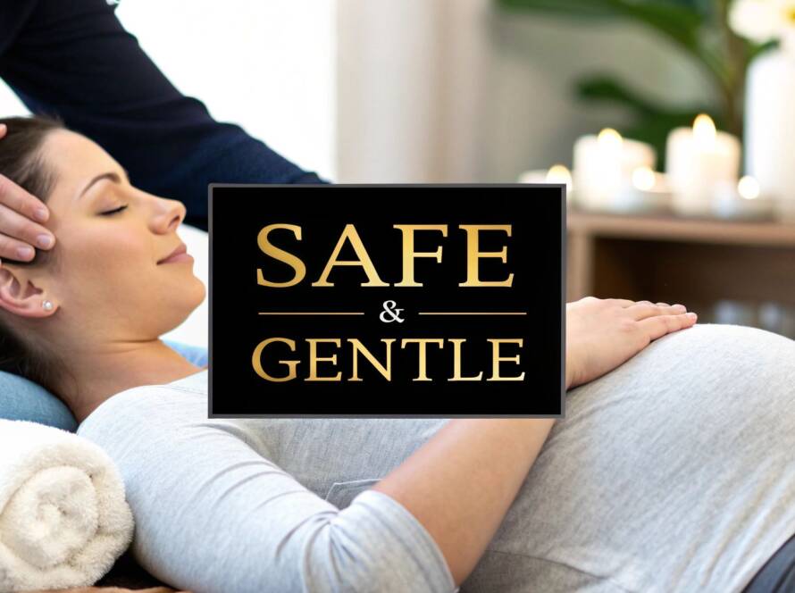 A therapist performs a head massage on a pregnant woman with a "Safe & Gentle" text overlay.