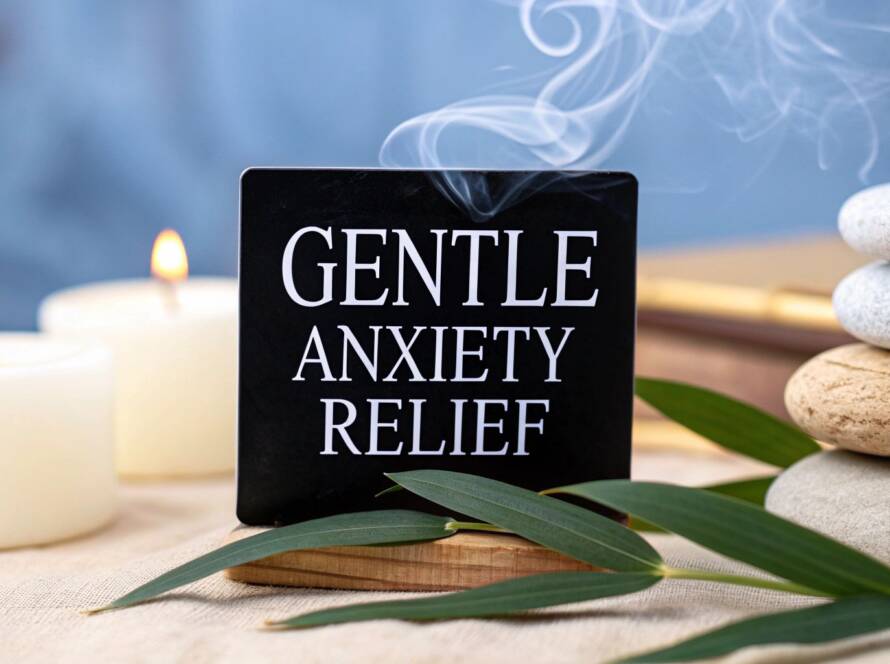 A black sign reading "Gentle Anxiety Relief" stands next to stacked stones, lit candles, and rising incense smoke.