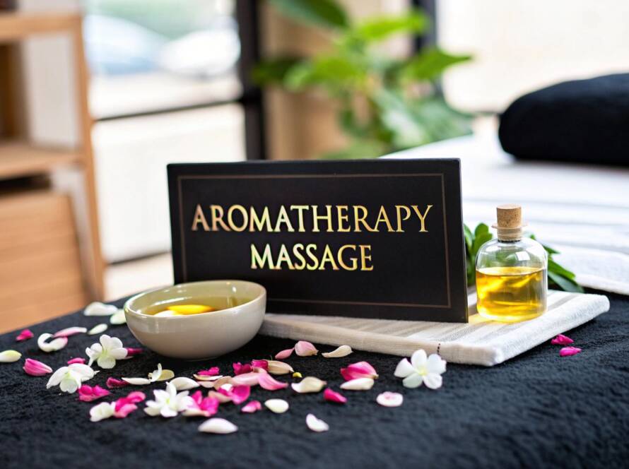 A peaceful spa setup with rolled white towels on a wooden tray, smooth grey stones, and a black frame reading "Find Your Calm."
