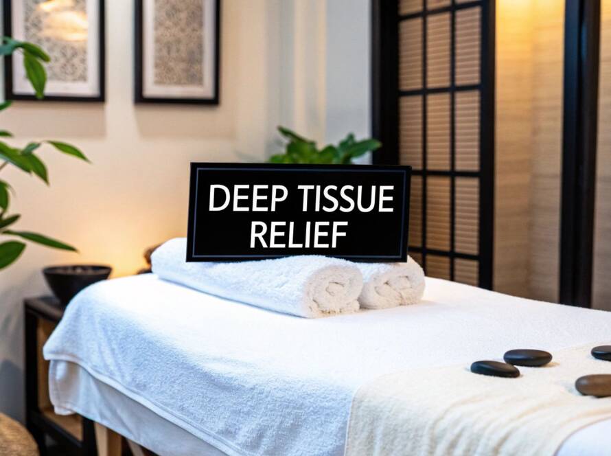 A black sign reading "Gentle Anxiety Relief" stands next to stacked stones, lit candles, and rising incense smoke.