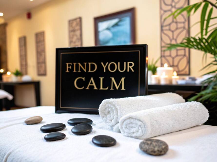 A massage table with white linens, rolled towels, and black stones in a warm treatment room with a "Find Your Calm" sign.