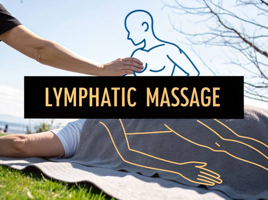A therapist performs a massage outdoors on a sunny day, featuring a graphic overlay of a human figure and the text "Lymphatic Massage."