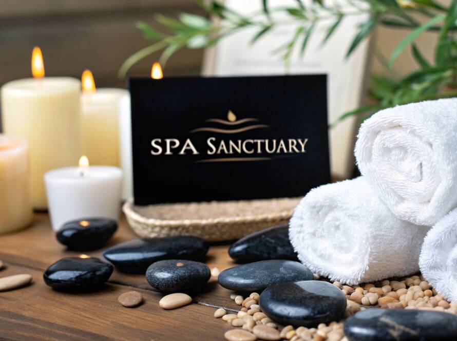 A close-up of a spa arrangement featuring glowing white candles, polished black massage stones, rolled towels, and a card reading "Spa Sanctuary."