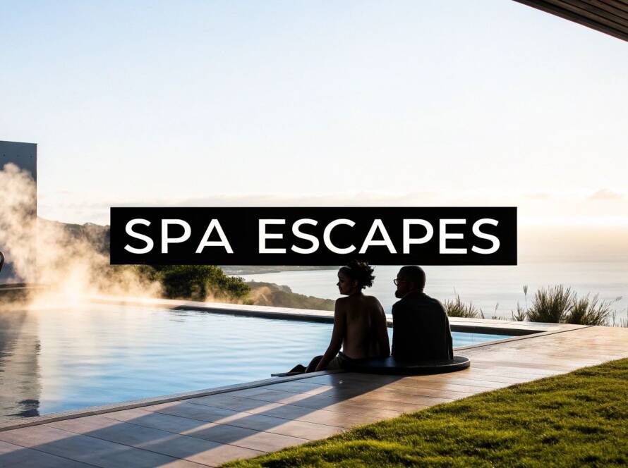 A couple sits on the edge of a steaming outdoor infinity pool overlooking the ocean at sunset with a "Spa Escapes" text overlay.
