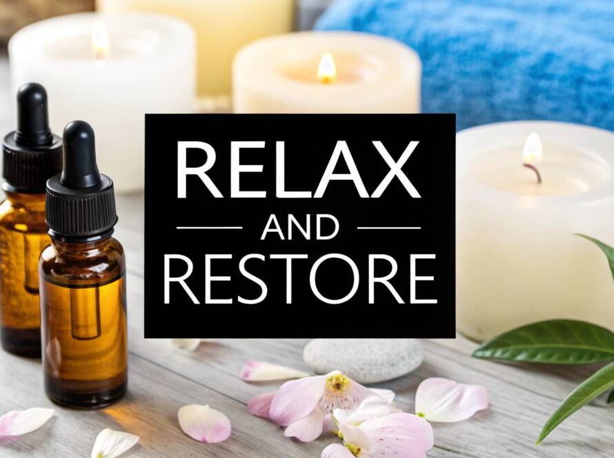 A close-up of a spa arrangement featuring glowing white candles, polished black massage stones, rolled towels, and a card reading "Spa Sanctuar