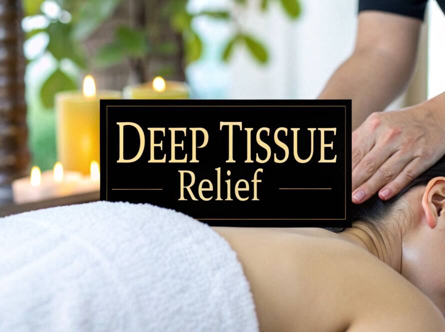 A therapist performs a massage outdoors on a sunny day with a graphic overlay of the human lymphatic system and the text "Lymphatic Massage."