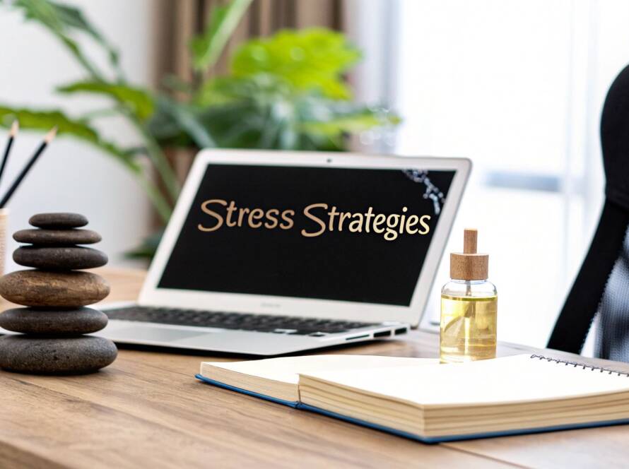 A laptop on a wooden desk displays the text "Stress Strategies" next to a stack of massage stones, a notebook, and essential oils.