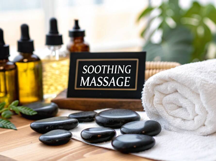 A massage table with white linens, rolled towels, and black stones in a warm treatment room with a "Find Your Calm" sign.