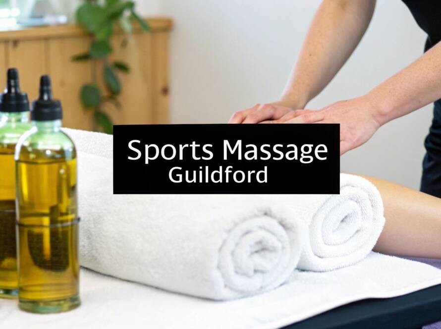 A massage table with white linens, rolled towels, and black stones in a warm treatment room with a "Find Your Calm" sign.
