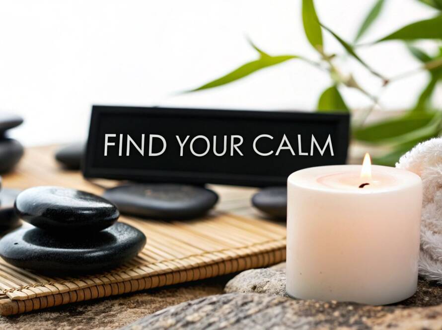 A massage table with white linens, rolled towels, and black stones in a warm treatment room with a "Find Your Calm" sign.