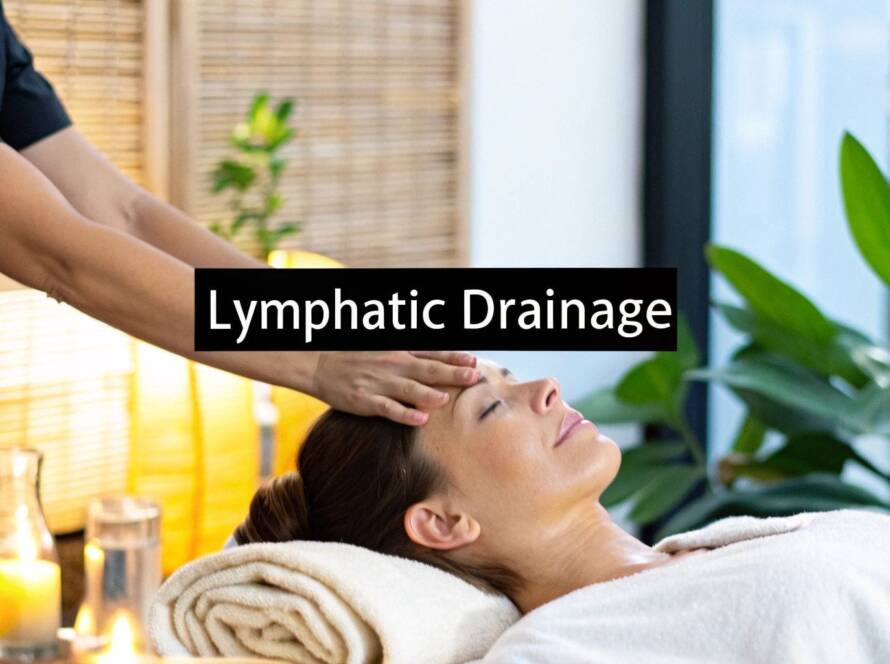 A person receives a lymphatic drainage facial massage in a spa setting, lying on a massage table with plants and candles in the background.
