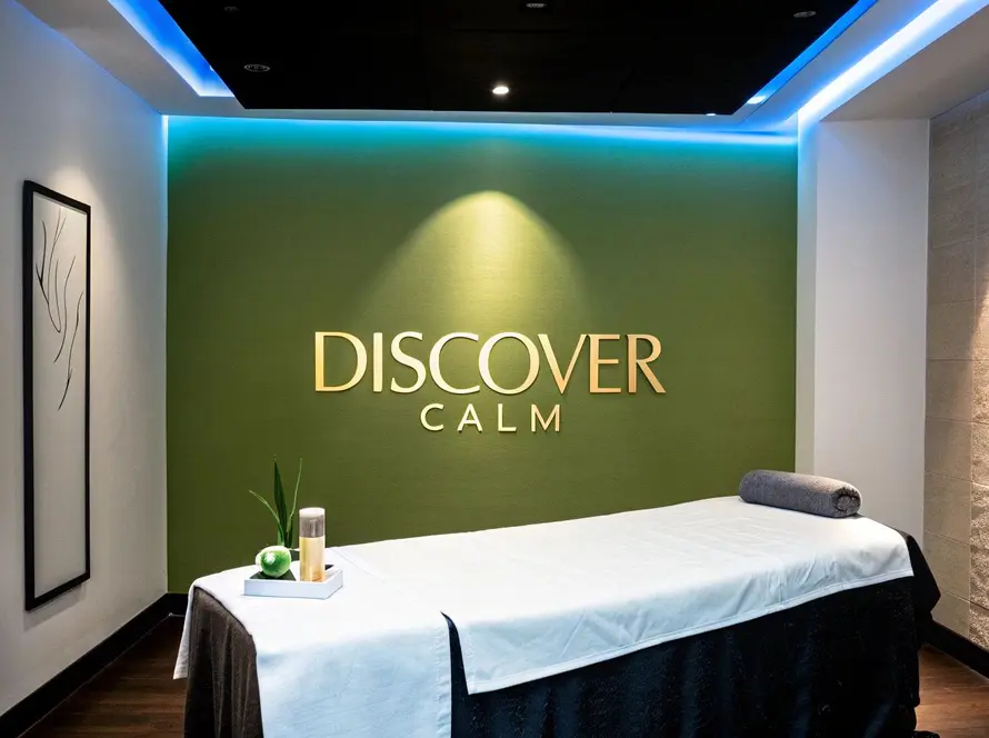 A modern massage room with a treatment couch, rolled towel, and décor, featuring a green wall with the words "DISCOVER CALM" in large letters.