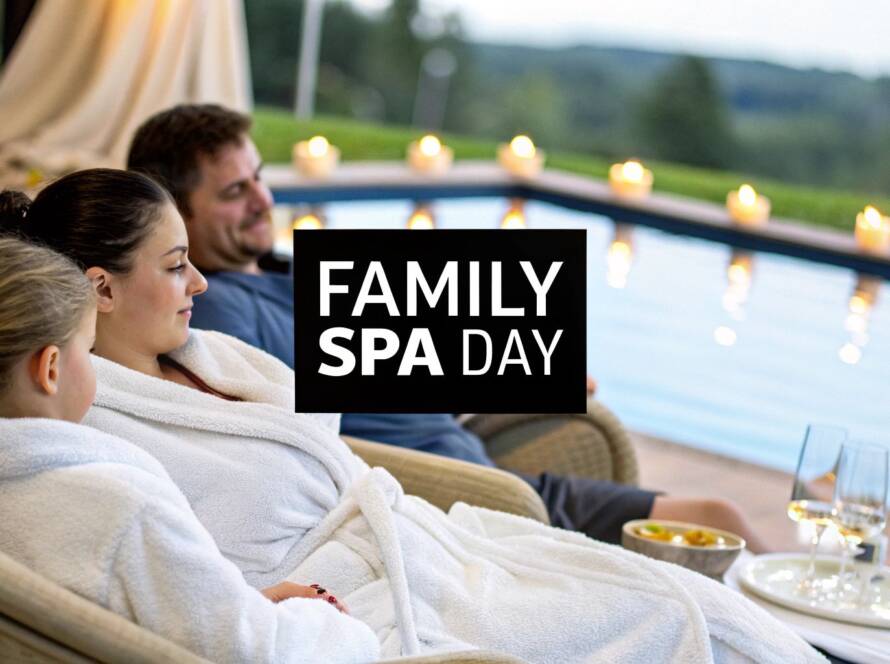 A family of three wearing white robes relaxes in lounge chairs by an outdoor infinity pool at dusk, with a "Family Spa Day" text overlay.