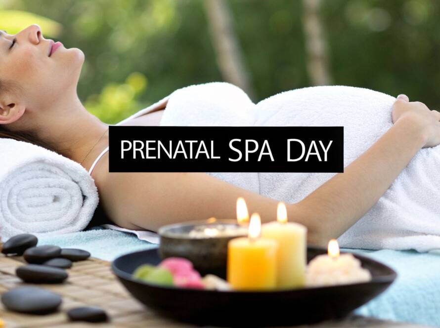 A pregnant woman relaxes on a spa bed with towels, candles, stones, and flowers; the text "Antenatal Spa Day" is overlaid.