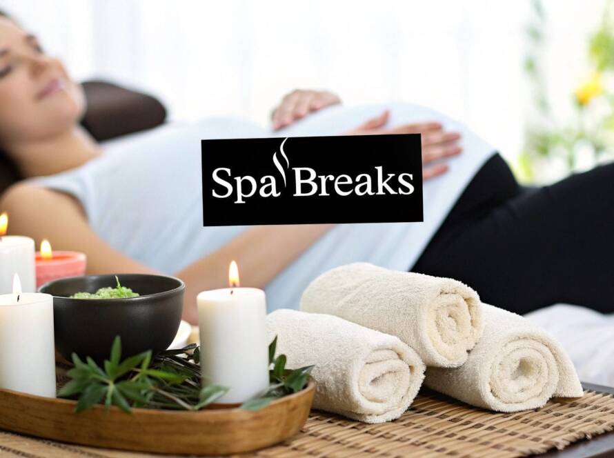 A pregnant woman relaxes on a massage bed with rolled towels, candles, and spa items in the foreground. The words "Spa Breaks" appear over the image.