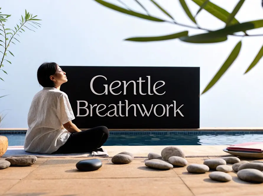 A person sits cross-legged by a pool near a sign reading "Gentle Breathwork", with plants, stones, and a closed laptop nearby.