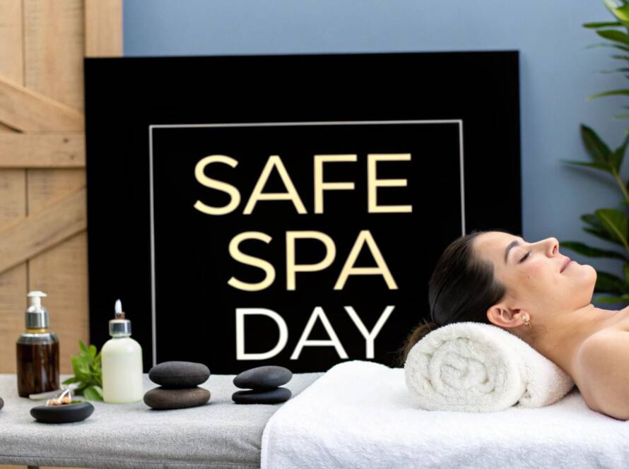 A woman relaxes during a treatment with hot stones and massage oils, featuring a background sign that reads 'Safe Spa Day' in gold text.