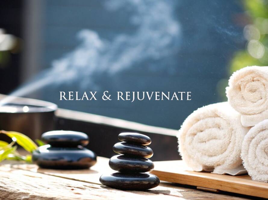 A peaceful spa treatment room featuring a massage table, neatly rolled towels on wooden shelves, and a sign in the foreground that reads 'PRENATAL BLISS'