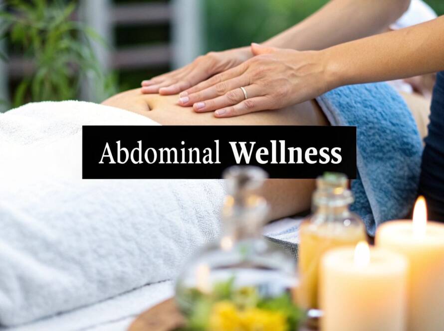 A person receives an abdominal massage on a table covered with a white towel; candles and oils are in the foreground. Text reads "Abdominal Wellness.