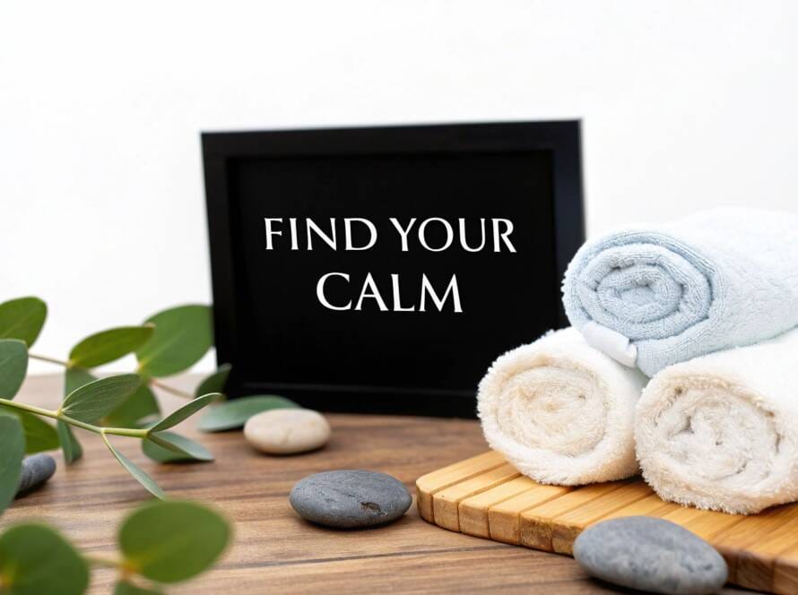 A peaceful spa setup with rolled white towels, smooth river stones, and a eucalyptus branch next to a black frame reading "Find Your Calm."