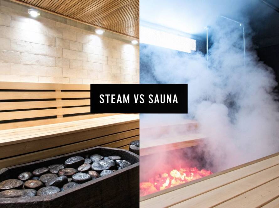 Split image showing a dry sauna with wooden benches and stones on the left, and a steam room filled with thick vapour on the right. Text in the centre reads "STEAM VS SAUNA.