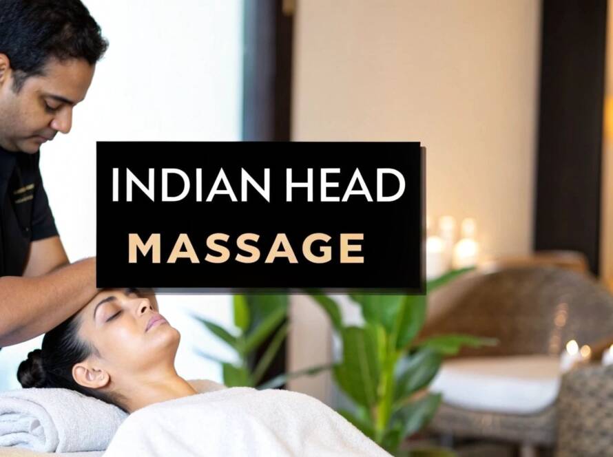A massage therapist gives a relaxing head massage to a woman lying on a spa table, with the text "Indian Head Massage" displayed in the foreground.