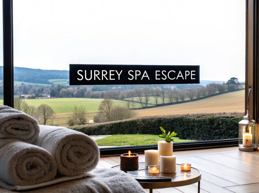 A scenic view of rolling hills through a large glass window, featuring rolled towels and lit candles in the foreground with a "Surrey Spa Escape" overlay.