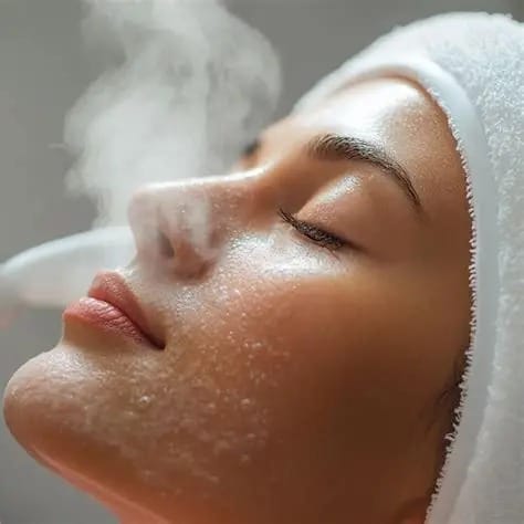 A person with a towel wrapped around their head receives a facial steam treatment with eyes closed.