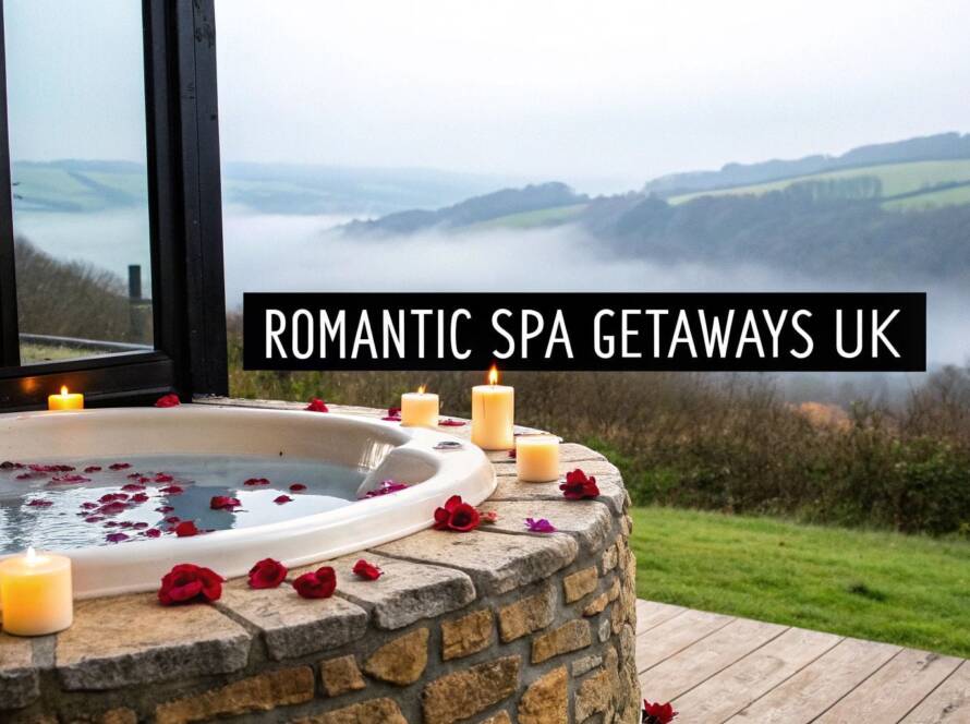An outdoor stone hot tub with rose petals and lit candles overlooks a misty countryside landscape; text reads "Romantic Spa Getaways UK.