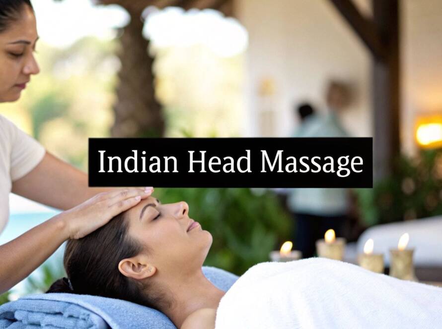 A woman receives an Indian head massage from a therapist in a spa setting, with candles and towels visible in the background.