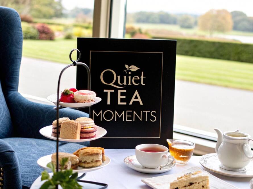 A table set for afternoon tea with sandwiches, pastries, a teapot, cups, and a sign reading “Quiet Tea Moments,” next to a blue armchair by a window overlooking a garden.