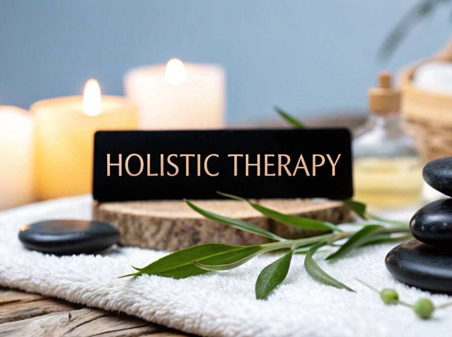 A black sign on a towel with leaves and candles.