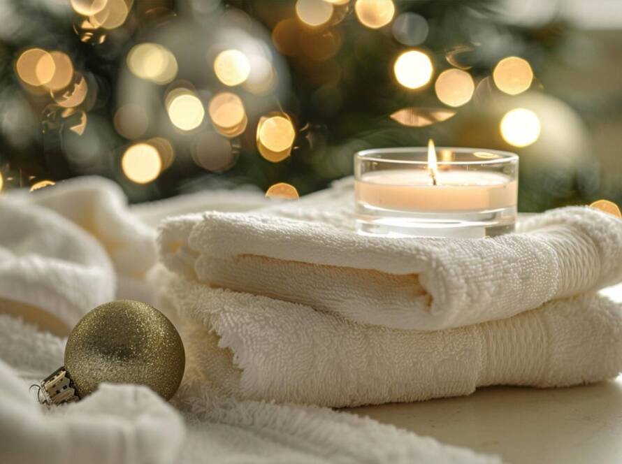 Folded white towels with a lit candle on top, a gold ornament nearby, and blurred holiday lights and greenery in the background.