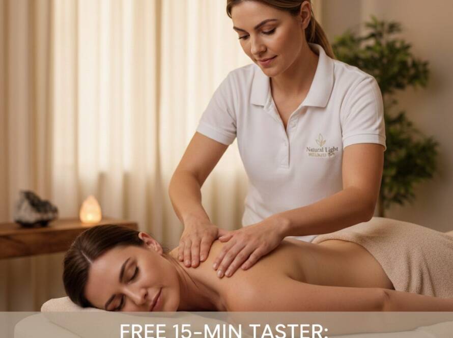 A massage therapist gives a back massage to a woman lying face down on a massage table. Text overlay reads: "Free 15-min taster: Female sports massage. Unlock your potential.